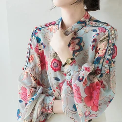 Women Shirts Spring Summer New Floral Print Vintage Long Lantern Sleeved Stand Neck Maxi Elegant Nice Shirts Blouses NS709