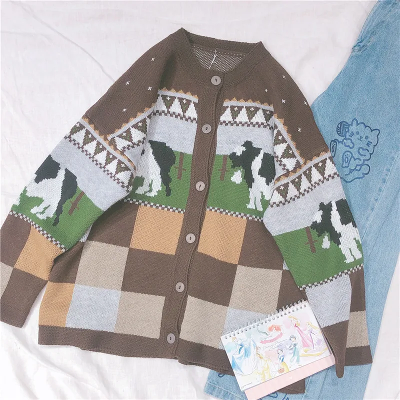 

Mori Girl Lolita Cute Cow Plaid Pattern Knitted Sweater Japanese Korean Women Long Sleeve Vintage Cardigan Coat Knitwear