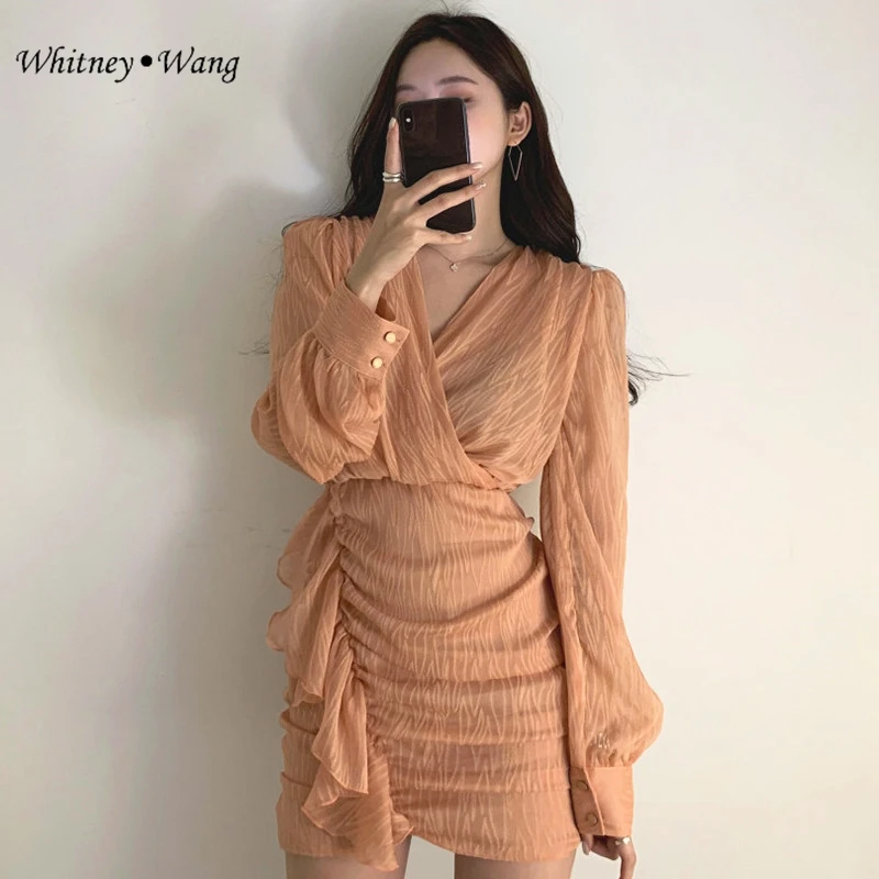 Женское мини-платье с рюшами WHITNEY WANG элегантное офисное платье v-образным вырезом