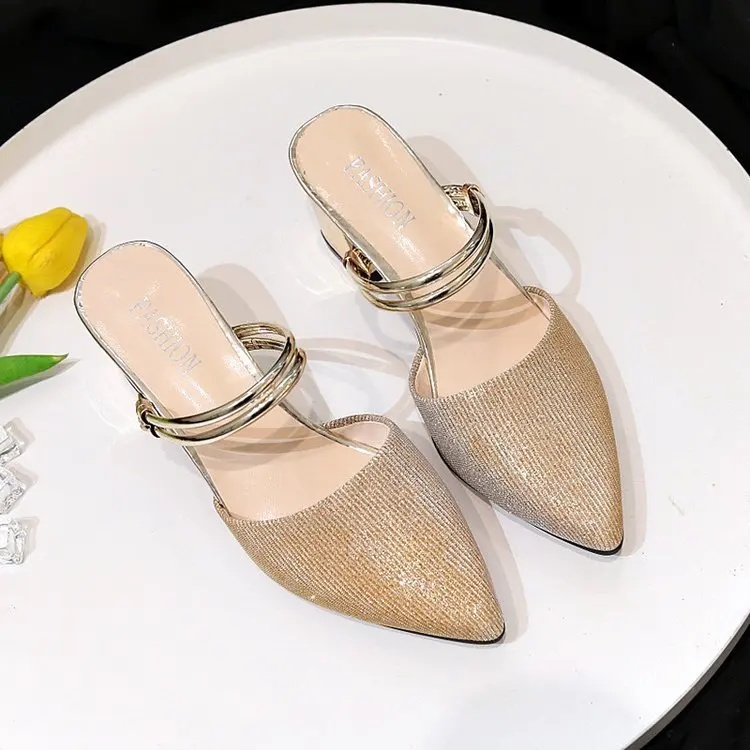 

Europe And America 2019 Spring Summer New Style-Chunky Heel Pointed High Heels A- line Buckle Closed-toe Slippers Comfortable