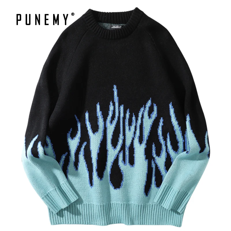 Sweater Men Streetwear Pullover Flame 