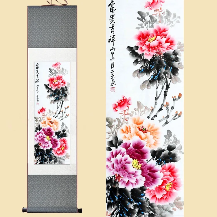 

Chinese Silk Ink Watercolor Flower and birds rich peony butterfly feng shui wall picture damask framed scroll canvas painting