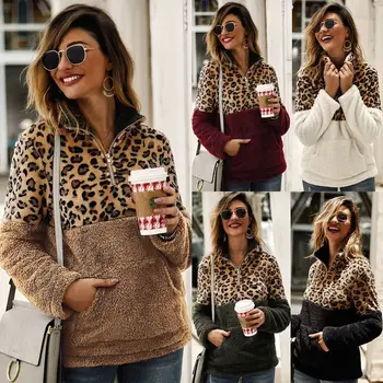 

Ladies Fluffy Oversized Hoodie Leopard Patchwork Zip Fleece Casual Plus Size Sweatshirt Women Pockets Pullover Overcoat Hoody
