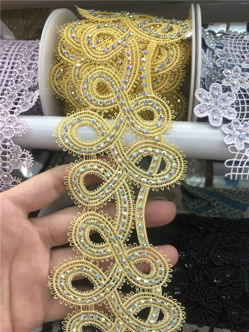 2.7'' Wide high quality  Luxry  Venice Applique / Venise chemical rhinestone Lace trim DIY crafted Fabric sewing wedding dress