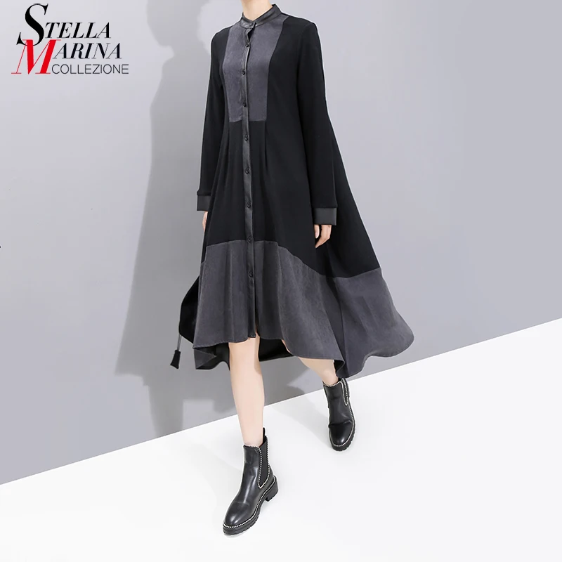 Новинка, Европейская мода, длинный рукав, Женское зимнее черное платье-рубашка с поясом, пэчворк, женские стильные вечерние платья, халат 5743