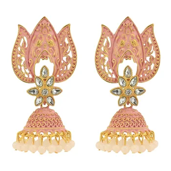

Cute Pink Pearl Beads Tassel Indian Jhumka Earrings For Women Ethnic Vintage Gold Alloy Bollywood Oxidized Bell Dangle Earrings