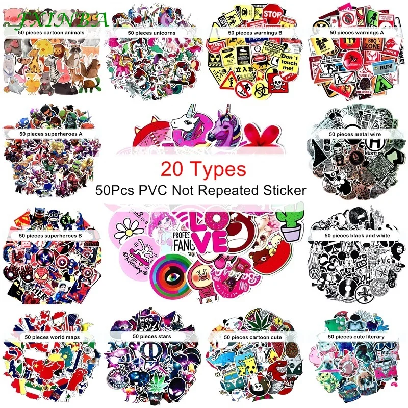 

FXINBA New 20 Types 50Pcs PVC Waterproof Sticker Animals Unicorn Prank Pink Anime Hero Skateboard Laptop Stickers Kids Toys
