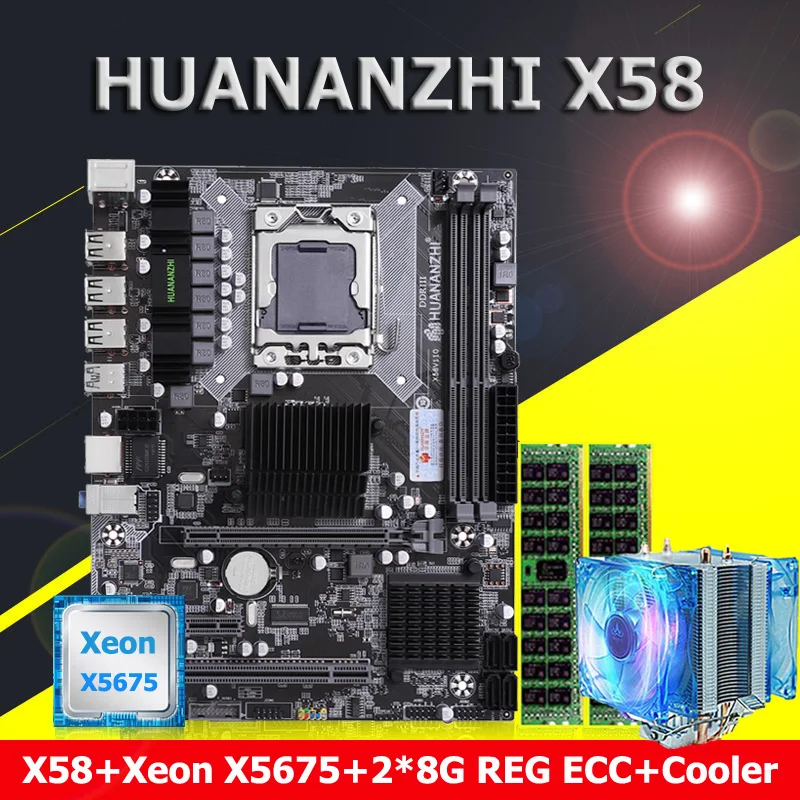 Материнская плата HUANANZHI X58 LGA1366 ЦП Xeon X5675 3 06 ГГц с кулером ОЗУ 16 Гб (2*8 ГБ) DDR3 REG