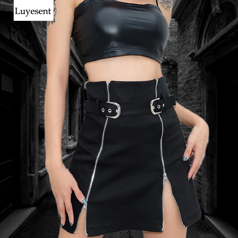 

Black Dark Goth Women Mini Skirts 2020 Lady Double Zippers Cool Adjustable Buckle Gothic Punk Hipster Cargo Sashes Hip-hop Skirt