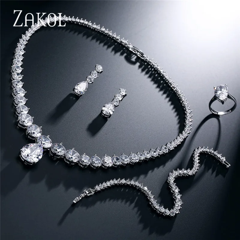 

ZAKOL Luxury Brilliant Clear Waterdrop & Round Cubic Zirconia Earring Necklace Set For Bridal Wedding Jewelry Set FSSP004