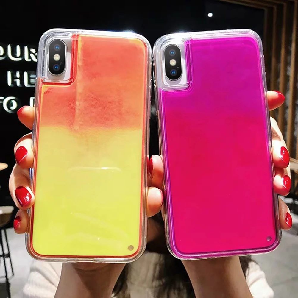 

Jetjoy For iPhone Xs XR 8 Plus Glow Luminous Dynamic Liquid Quicksand Neon Sand Phone Case Cover PC+TPU Hybrid Shockproof Cases