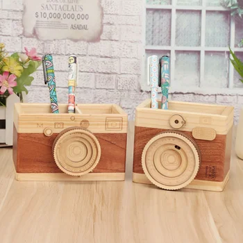 

Creative Camera Music Box Wooden Pen Holder Make Up Brushes Organizer Wood Crafts Retro Birthday Gifts Vintage Home Decoration
