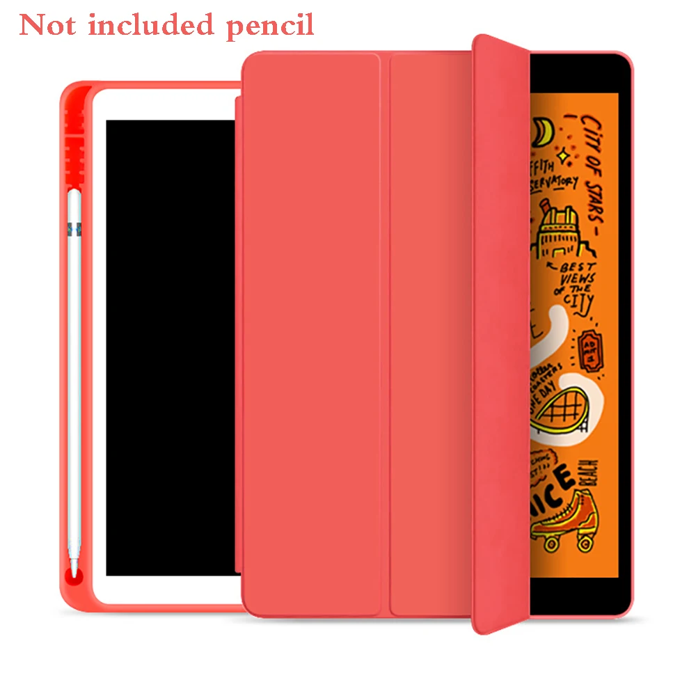 For New iPad 10.2 inch Model A2197 7th Gen Cover With Pencil Holder, Slim Tri-fold PU Leather Smart Case have wake up sleep - Цвет: Red