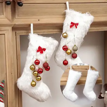 

DIY Christmas White Plush Christmas Stockings Gift Hanging Tag Knit Border Xmas Character Christmas Decor Pendant Fireplace Hot