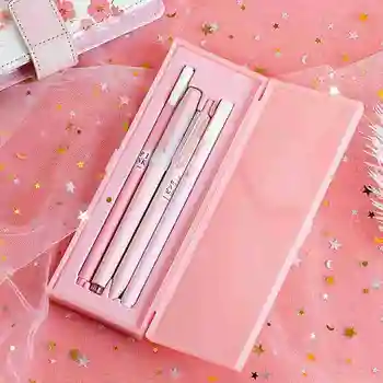 

Cute Pink Pencil Box with 4 pieces Pen Mint Gel Pen Set 0.5mm Black Ink Cute School Girls Gift Stationery