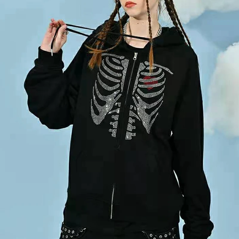 Sacos Para Mujer, Y2K Gothic Hoodies for Women Vintage Retro Skull Skeleton  Graphic Jacket Oversized Aesthetic Sweatshirts Pullovers Colorful Coats