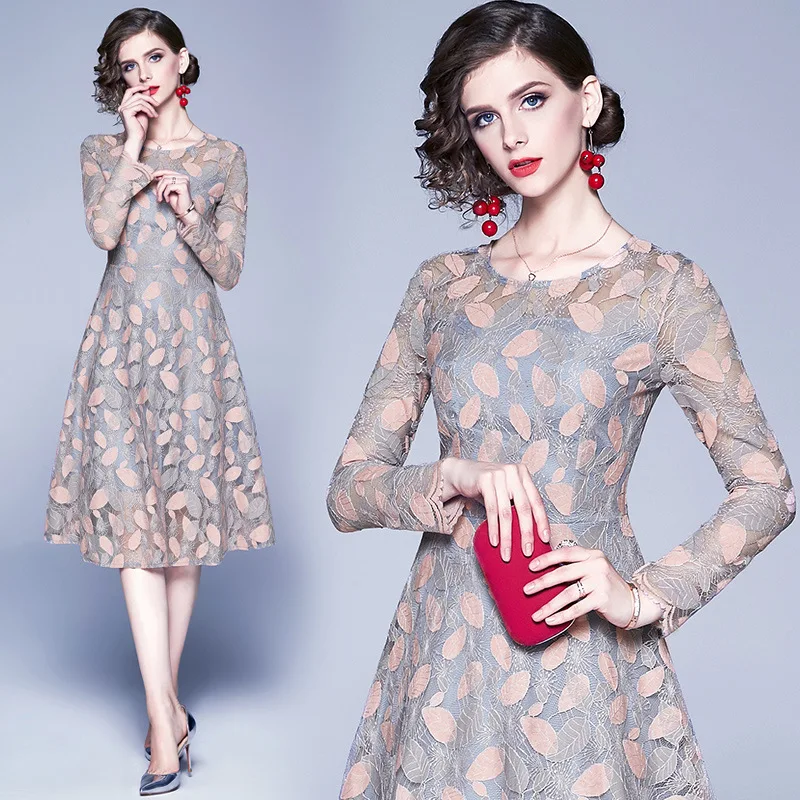 

Photo Shoot WOMEN'S Dress Ozhouzhan Autumn New Style Elegant Slim Fit Long Sleeve Lace Long Skirts Dress