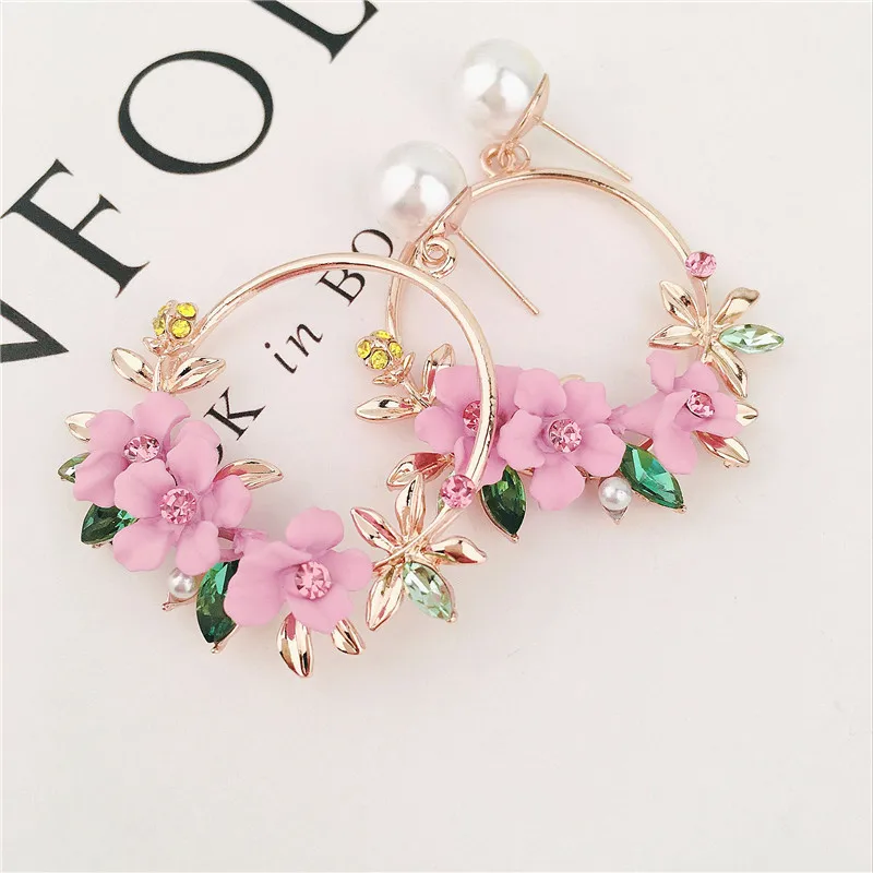 

Trendy Cute Pink Flower Earrings For Women Girls Jewelry Female Rhinestone Gold Metal Round Circle Drop Earrings Gifts Brincos