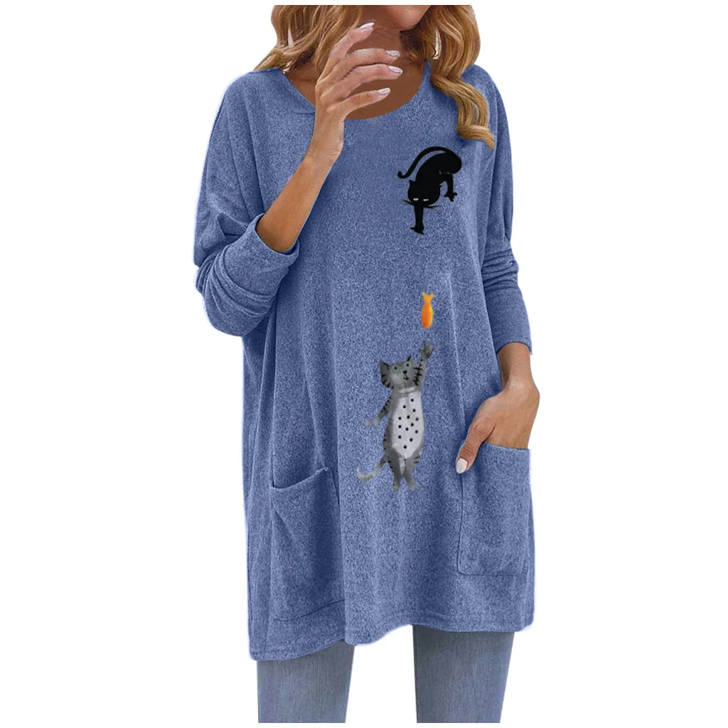 

Fashion Women Leisure Loose Casual Cartoon Cat Print Pockets Long Sleeve Comfortable Soft Pullover Shirt Top 2020 New Hot