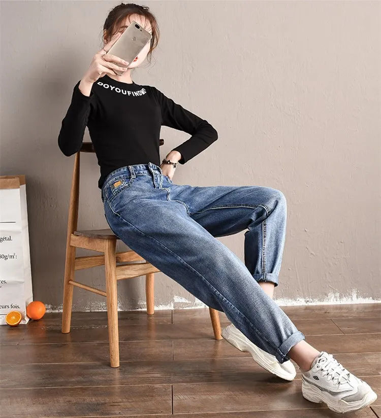 light blue Зимние теплые джинсы, женские джинсовые мешковатые штаны, джинсы для мам, свободные джинсы с высокой талией размера плюс, одноцветные повседневные синие и черные брюки, 0034 - Цвет: light blue