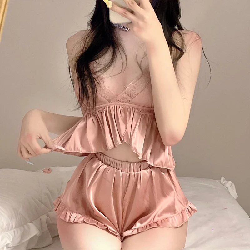 Japanese Schoolgirl Nightwear Cotton Cup Underwear Satin Lace Wire Free Bandeau Bra Set Private House Sexy Fairy Lingerie Sets lace bra and panty sets