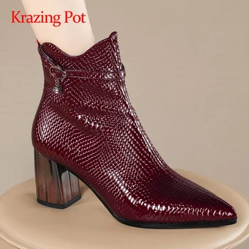 

Krazing pot fashion boots genuine leather pendant buckle large size pointed toe thick high heel zippe gorgeous ankle boots L8f9