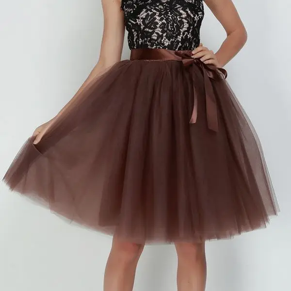 6Layers 65cm Fashion Tulle Skirt Pleated Tutu Skirts Women Lolita Petticoat Bridesmaids Sweet Party Midi Skirt Mini Skirt Dress Brown