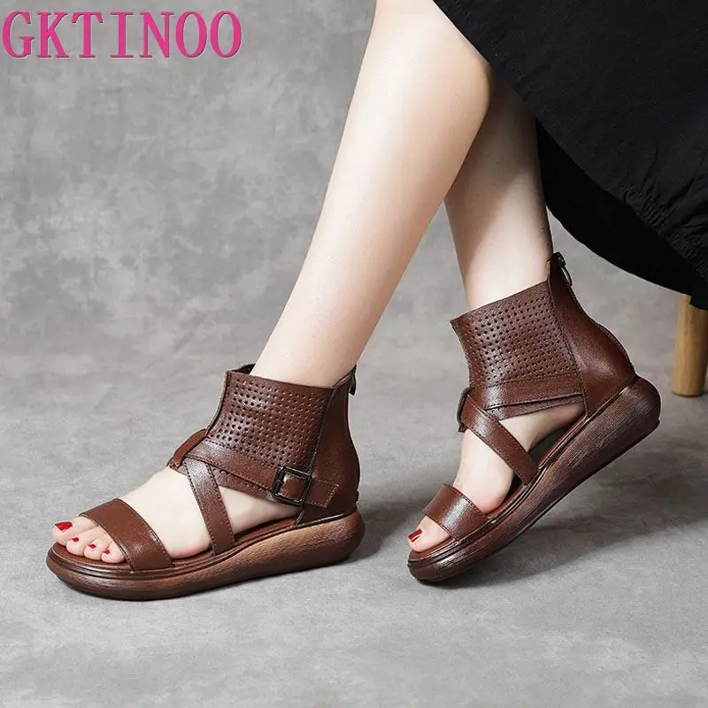 GKTINOO Women Genuine Leather Sandals Summer Open Toe Roman Sandals Mid