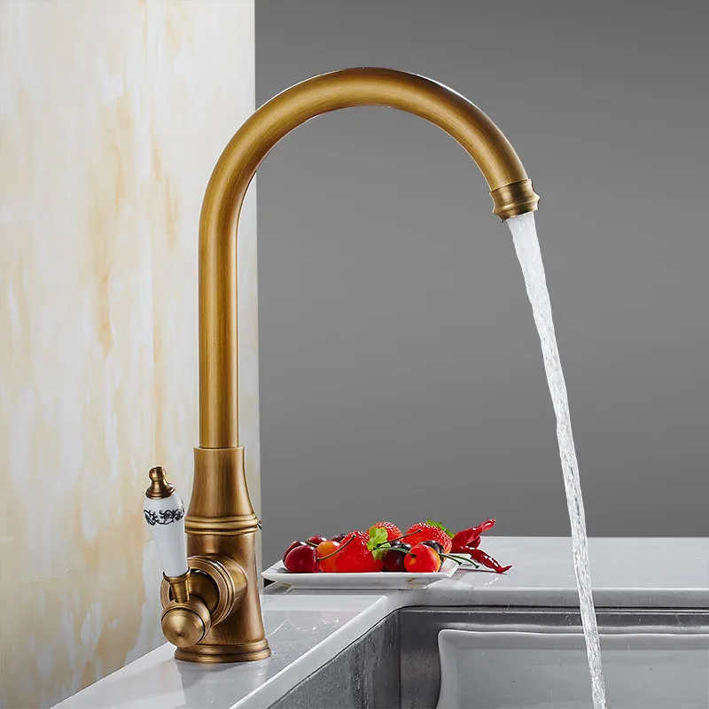 

Antique Brass Kitchen Sink Faucets Hot & Cold Mixer 360 Degrees Rotating Single Handle Deck Mount Copper Tap Black/Chrome/Gold