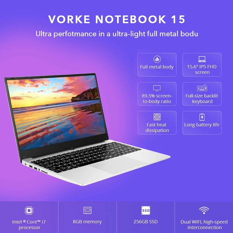 Ноутбук VORKE 15 ноутбук Intel Core i7-4500U graphics 4400 полностью металлический корпус 15,6 ''ips 1920*1080 Windows 10 8 GB/256 GB ноутбук