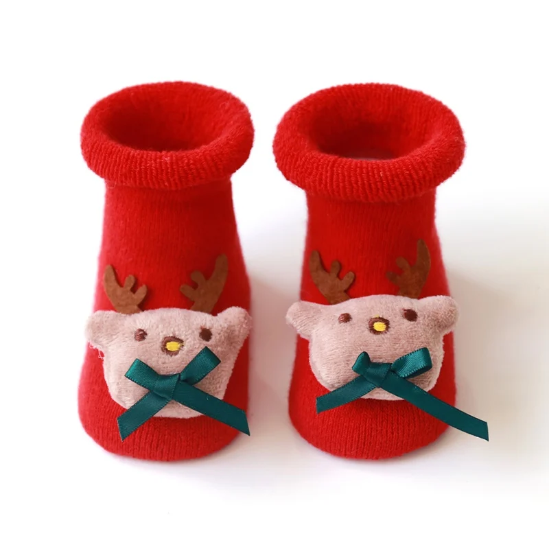 Носки для маленьких девочек на весну, зиму и осень, Детские Махровые Носки с рисунком лося, Санта Клауса, рождественские детские носки - Цвет: A