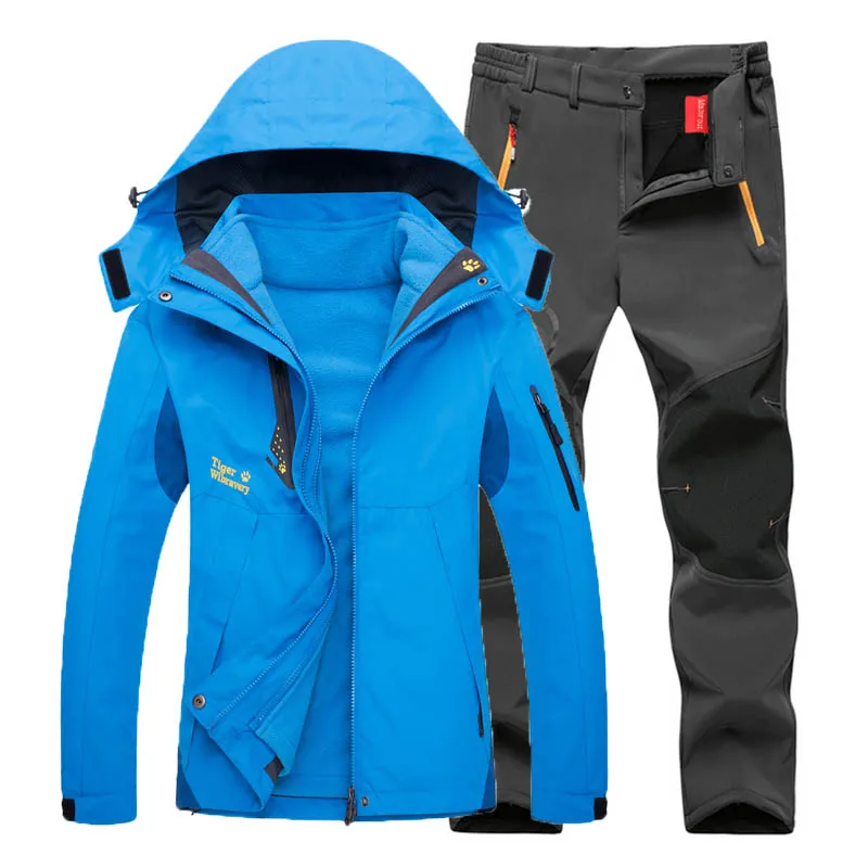 Мужские и женские зимние осенние новые куртки 3 в 1, Лыжный лагерь, скалолазание, треккинг, рыбий поход, цикл, водонепроницаемое пальто, большие размеры, для мужчин и женщин - Цвет: Blue Gray Woman