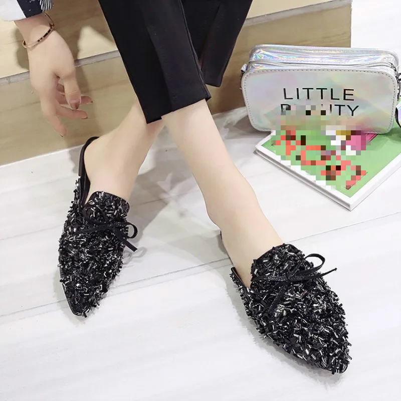

Spring Casual Women Flat Shoes Pointed Toe bow Sequined Cloth Moccasins Ballet Flats Loafers Bow Slip On Lazy Shoes J15-76