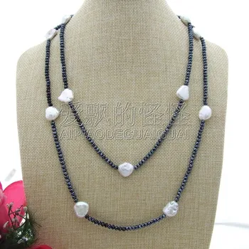 

N091411 48'' White keshi Pearl Black Crystal Long Necklace