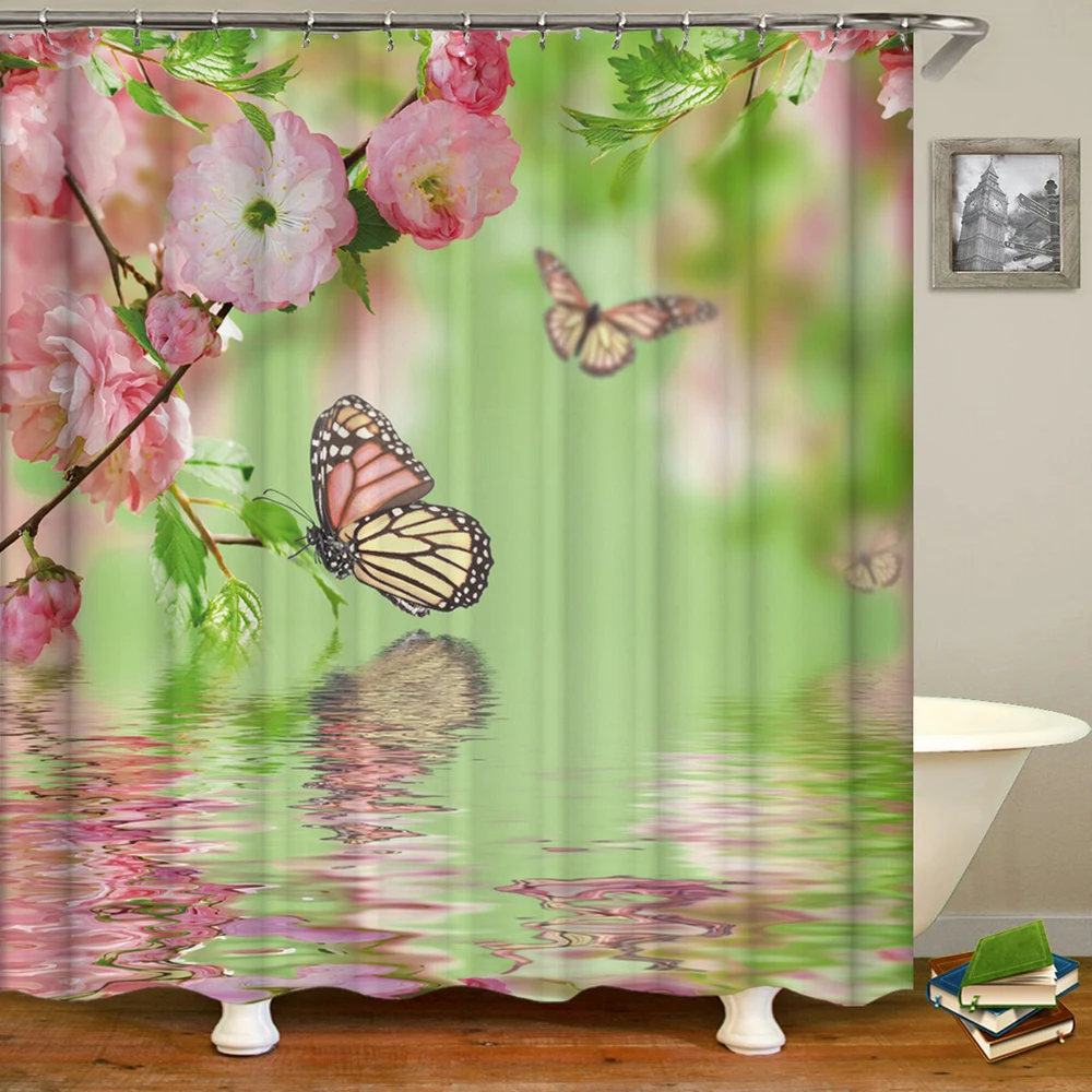 

Flower Butterfly Pattern Shower Curtain 3d Printed Bath Curtains Waterproof Bathroom With Hooks Washable Cloth Bathing Curtain