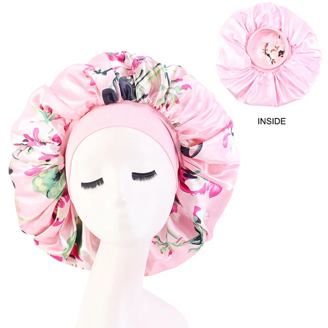 New Women Big Size Beauty print Satin Silky Bonnet Sleep Night Cap Head Cover Bonnet Hat for For Curly Springy Hair Black 408F Pink