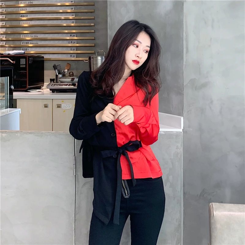 LANMREM Новая летняя модная Осенняя Корейская рубашка с длинными рукавами и отложным воротником контрастная цветная блузка WH50103