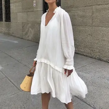 

Plus Size Women's Summer Sundress ZANZEA Fashion Ruffle Midi Dress Casual Puff Sleeve Patchwoek Vestidos Female V Neck Robe 5XL