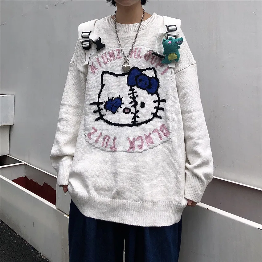 Suéter Harajuku para mujer, jersey con estampado de gato japonés de dibujos animados, estilo perezoso, holgado, informal, de talla grande