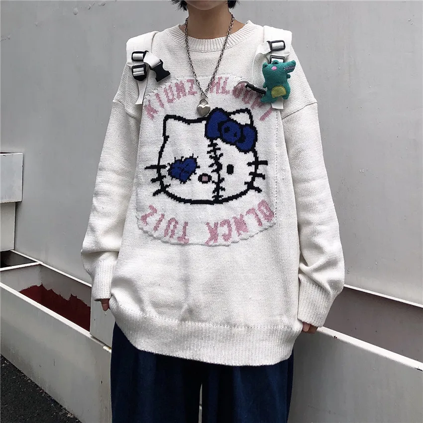 Harajuku Women'S Sweater Pullover Japanese Cartoon Cat Print Lazy Style Loose Large Size Casual Pullover Ladies Sweater