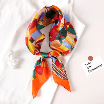 70*70cm Fashion Silk Satin Hair Scarf Women Handkerchief Printed Female Square Head Bandana Small Neck Muffler Hijab Lady Girl