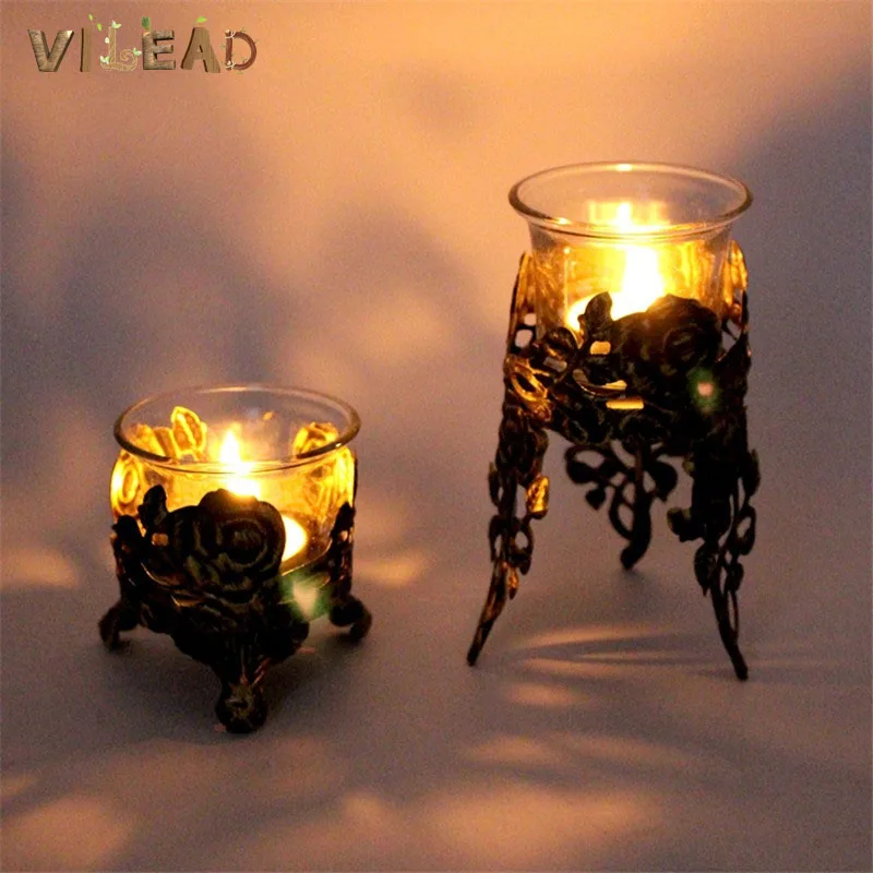 

VILEAD 12.5cm Iron Candle Holder Vintage Butterfly Rose Carved Hollow Candlestick Dinner Atmosphere Glass Candle Cup Decoration