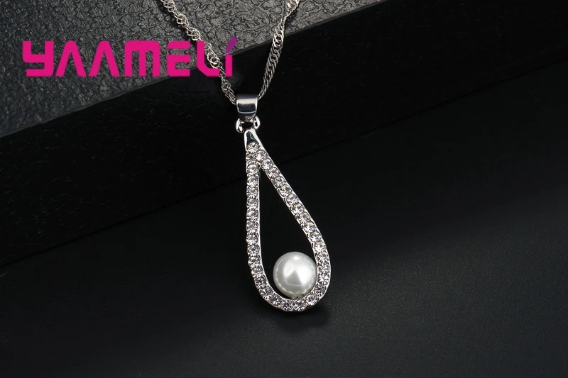 Pure 925 Sterling Silver Shiny CZ Crystal Water Drop Pearl Necklaces Pendant Chain Earrings Woman Fine Wedding Jewelry Set Gift