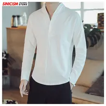 Sinicism магазине осень Для мужчин большого размера, с длинным рукавом однотонные рубашки Для мужчин секунд изменение языка(китайский Стиль хлопковая льняная одежда мужской рубашка с треугольным вырезом, Топ