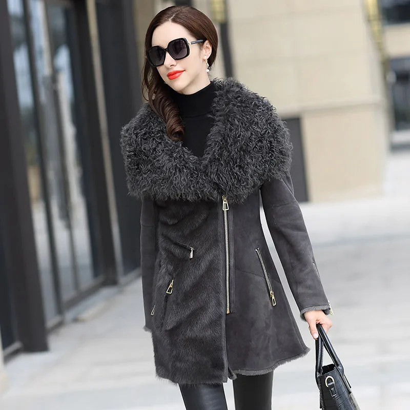 dark gray AYUNSUE Двустороннее пальто из натурального меха женские Роскошные шерстяные меховые пальто зимняя куртка женская куртка из натуральной кожи манто Femme MY - Цвет: dark gray