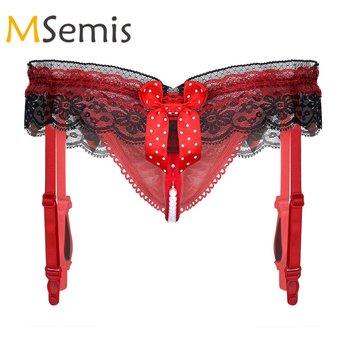 

Women's Swimsuit Lingerie Crotchless Underwear Ruffle Lace Bowknot Low Rise G-string Open Crotch Underwear with Garters Briefs