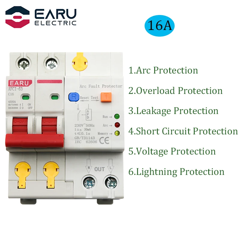 

16A 2P AFDD AFCI Arc Fault Protector Dector Circuit Breaker Interrupte Overload Earth Leakage Short Circuit Voltage Protection