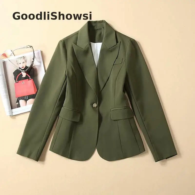 GoodliShowsi, Новое поступление, модные повседневные женские блейзеры, топ с зазубринами, на одной пуговице, с карманами, приталенный, армейский зеленый костюм, куртки