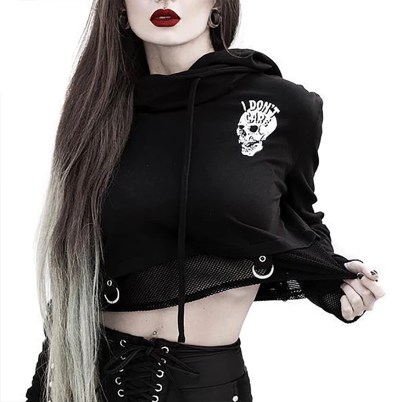 InsGoth Women Sweatshirts Cropped Hoodies Gothic Skull Printed Black Loose Short Hoodies Mesh Patch