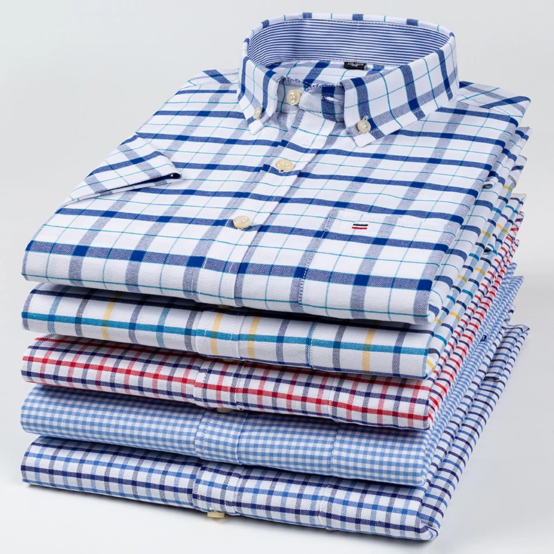 Cotton Shirts for Men Short Sleeve Summer Plus Size Plaid Shirt Striped Male Shirt Business Casual White Regular Fit casual short sleeved shirt short sleeved shirt